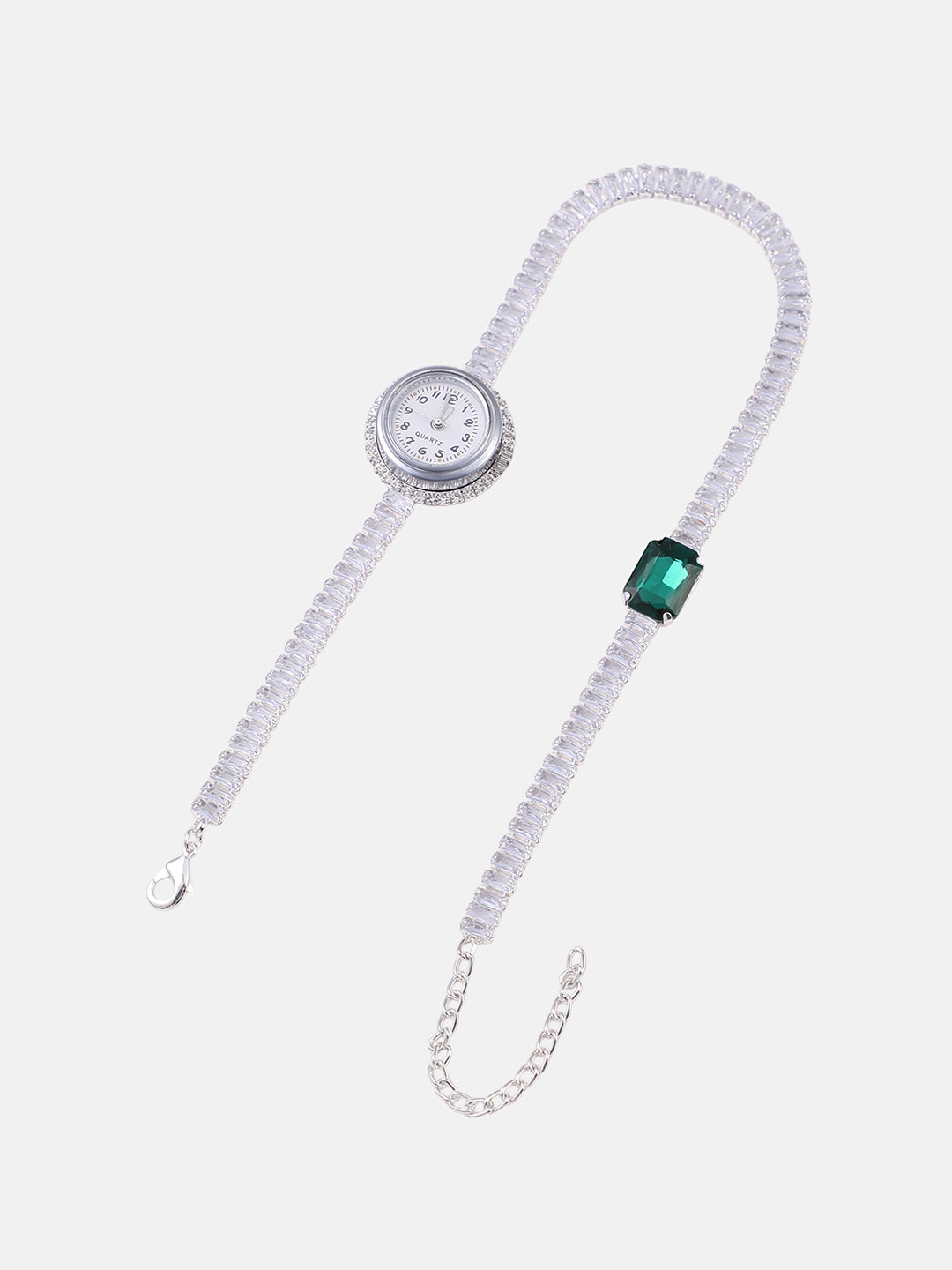 The Crystalized Wrap Round Watch - Metallic Silver (Emerald Green Stone)