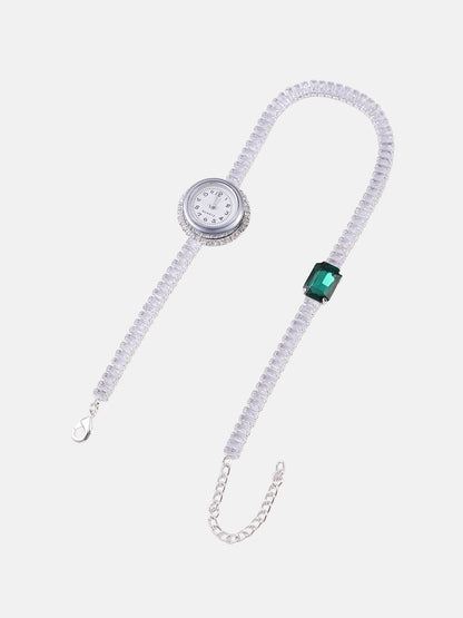 The Crystalized Wrap Round Watch - Metallic Silver (Emerald Green Stone)