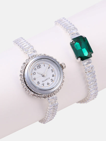 The Crystalized Wrap Round Watch - Metallic Silver (Emerald Green Stone)