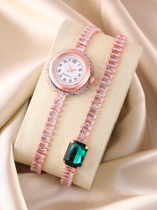 The Crystalized Wrap Round Watch - Rose Gold (Emerald Green Stone)