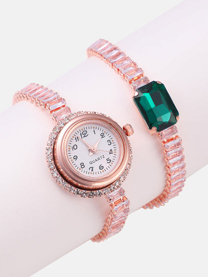 The Crystalized Wrap Round Watch - Rose Gold (Emerald Green Stone)