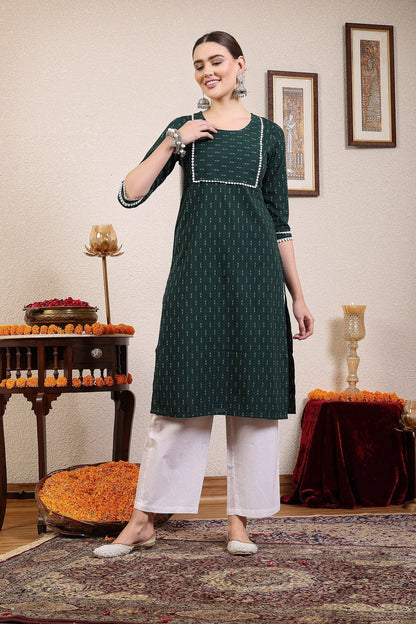 Women Dark Green Cotton Dobby Kurta Krya