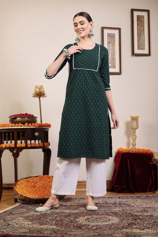 Women Dark Green Cotton Dobby Kurta Krya