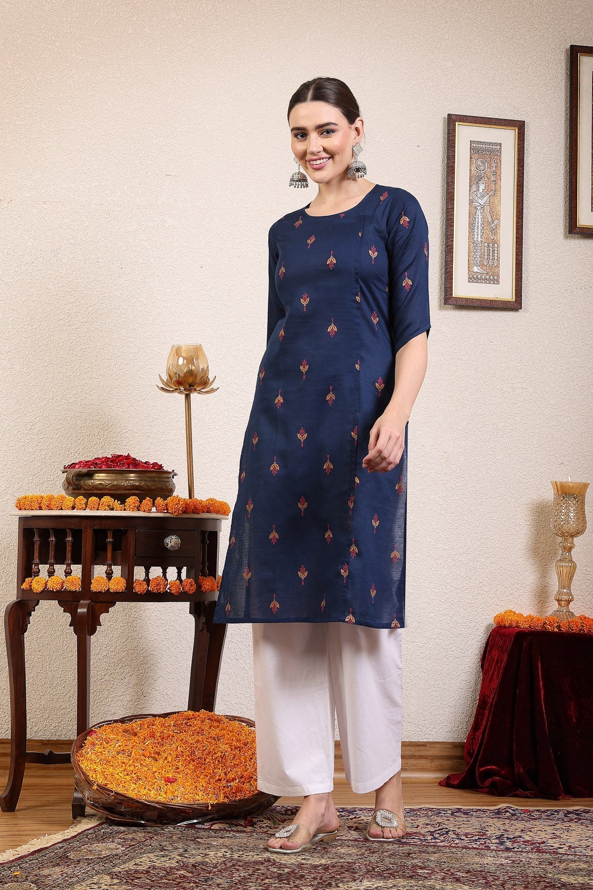 Women Navy Blue Ethnic Motifs Cotton Calf Length Kurta Krya