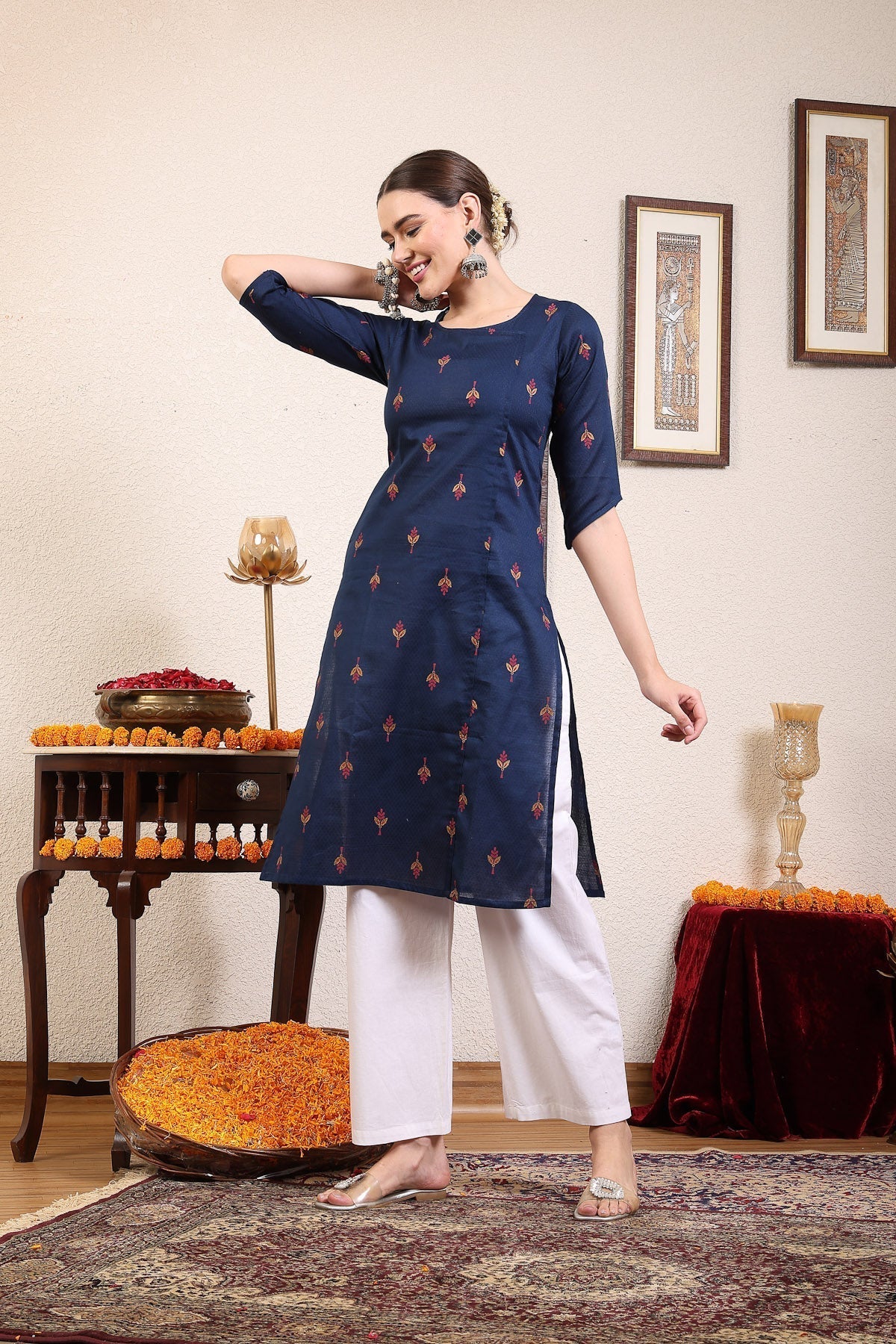 Women Navy Blue Ethnic Motifs Cotton Calf Length Kurta Krya
