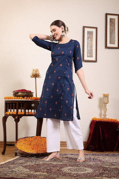 Women Navy Blue Ethnic Motifs Cotton Calf Length Kurta Krya