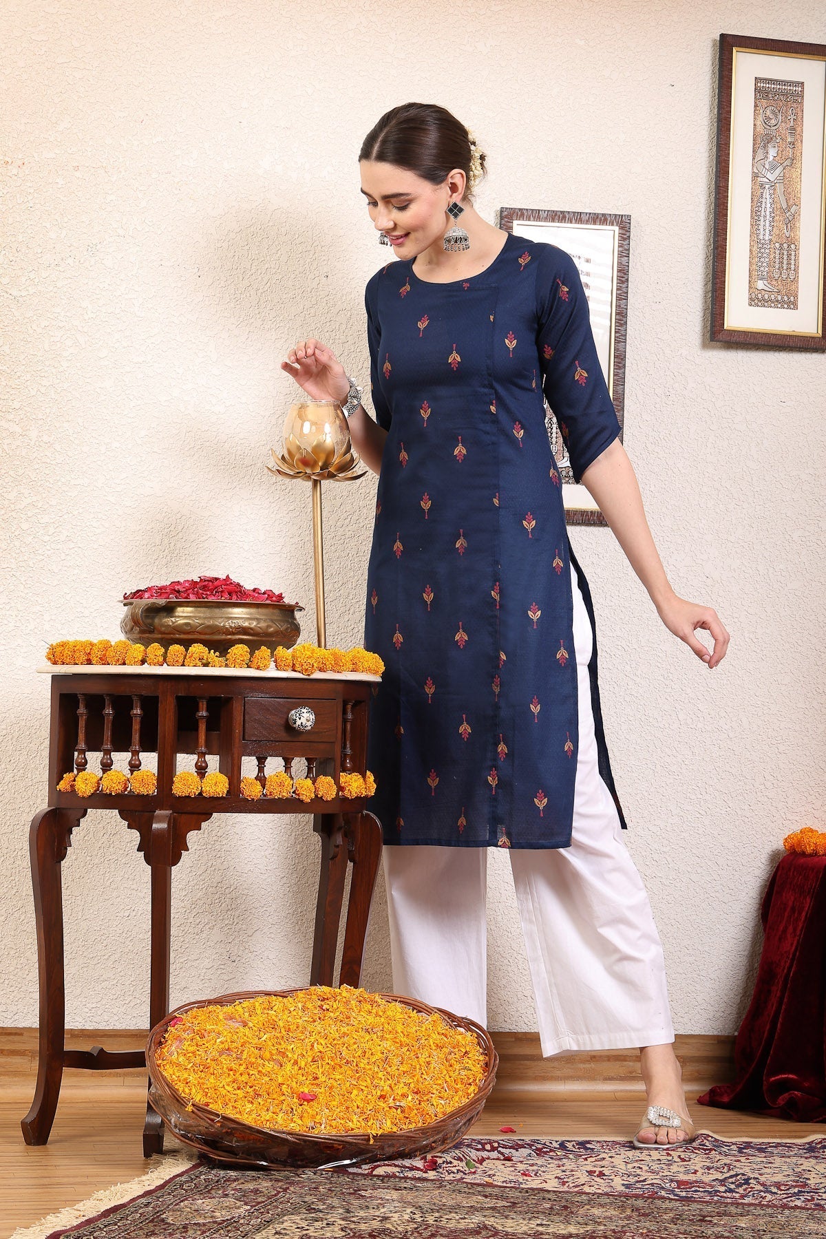 Women Navy Blue Ethnic Motifs Cotton Calf Length Kurta Krya