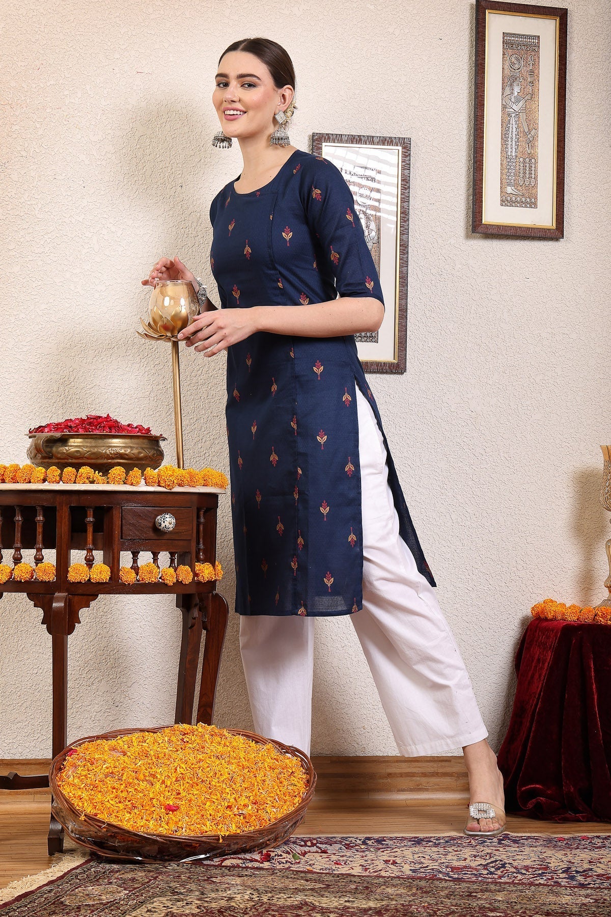 Women Navy Blue Ethnic Motifs Cotton Calf Length Kurta Krya