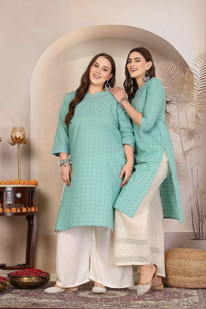 Women Sea Green Kurta With Embroidered Yoke Krya