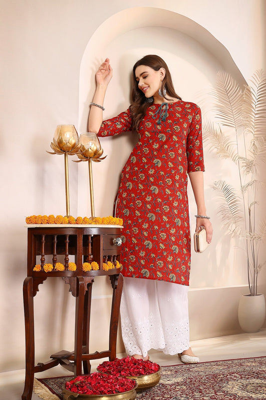 Women Red Floral Printed Tie-Up Neck Kurta