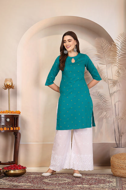 Women Teal Keyhole Neck Straight Kurta