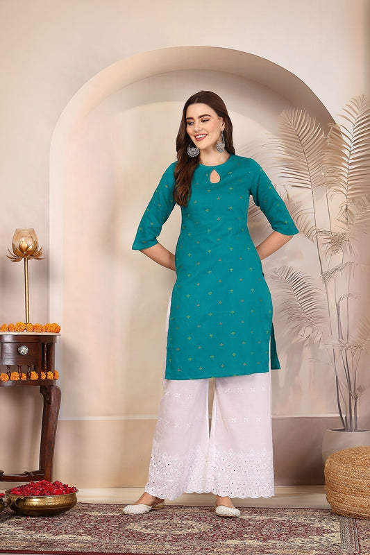 Women Teal Keyhole Neck Straight Kurta Krya
