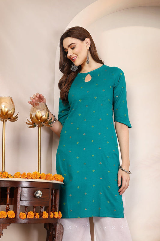 Women Teal Keyhole Neck Straight Kurta Krya