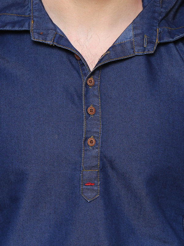 Kuons Avenue Men's Carbon Blue Hooded Denim Kurta