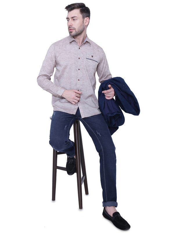 Kuons Avenue Men’s Slub Beige Brown Linen-Cotton Casual Shirt