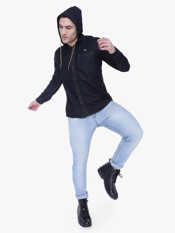 Kuons Avenue Men’s Black Denim Hooded Casual Shirt
