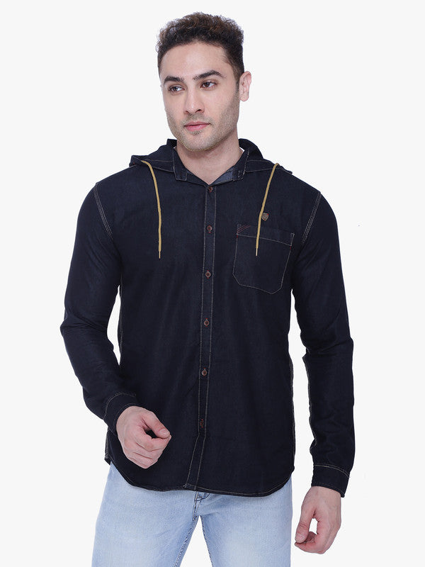 Kuons Avenue Men’s Black Denim Hooded Casual Shirt