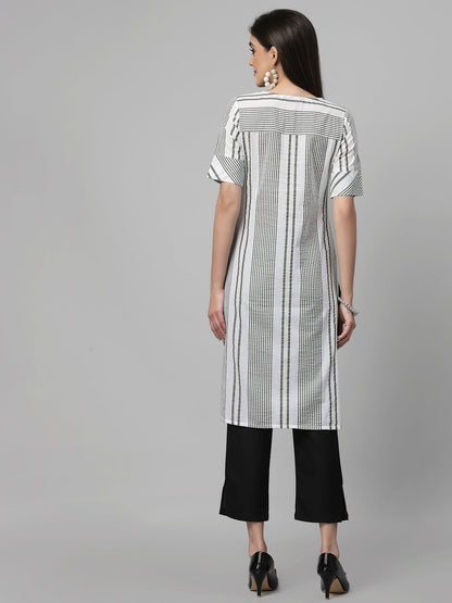 Women White & Olive Striped Cotton Knee Length Kurta