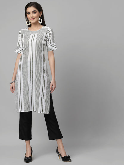 Women White & Olive Striped Cotton Knee Length Kurta