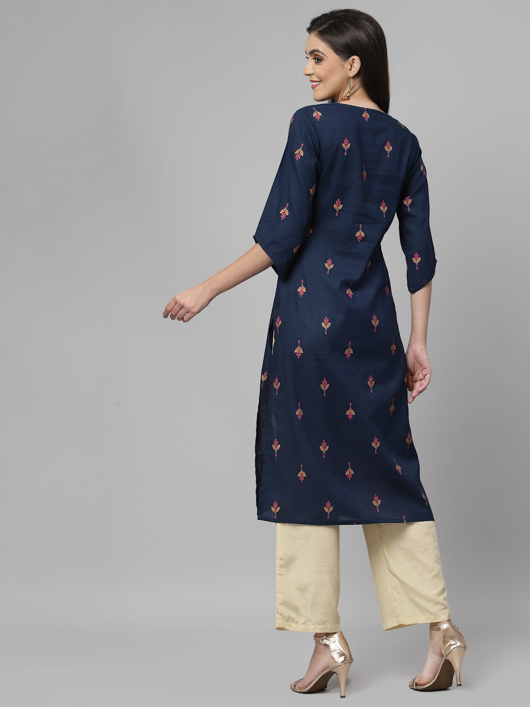 Women Navy Blue Ethnic Motifs Cotton Calf Length Kurta Krya