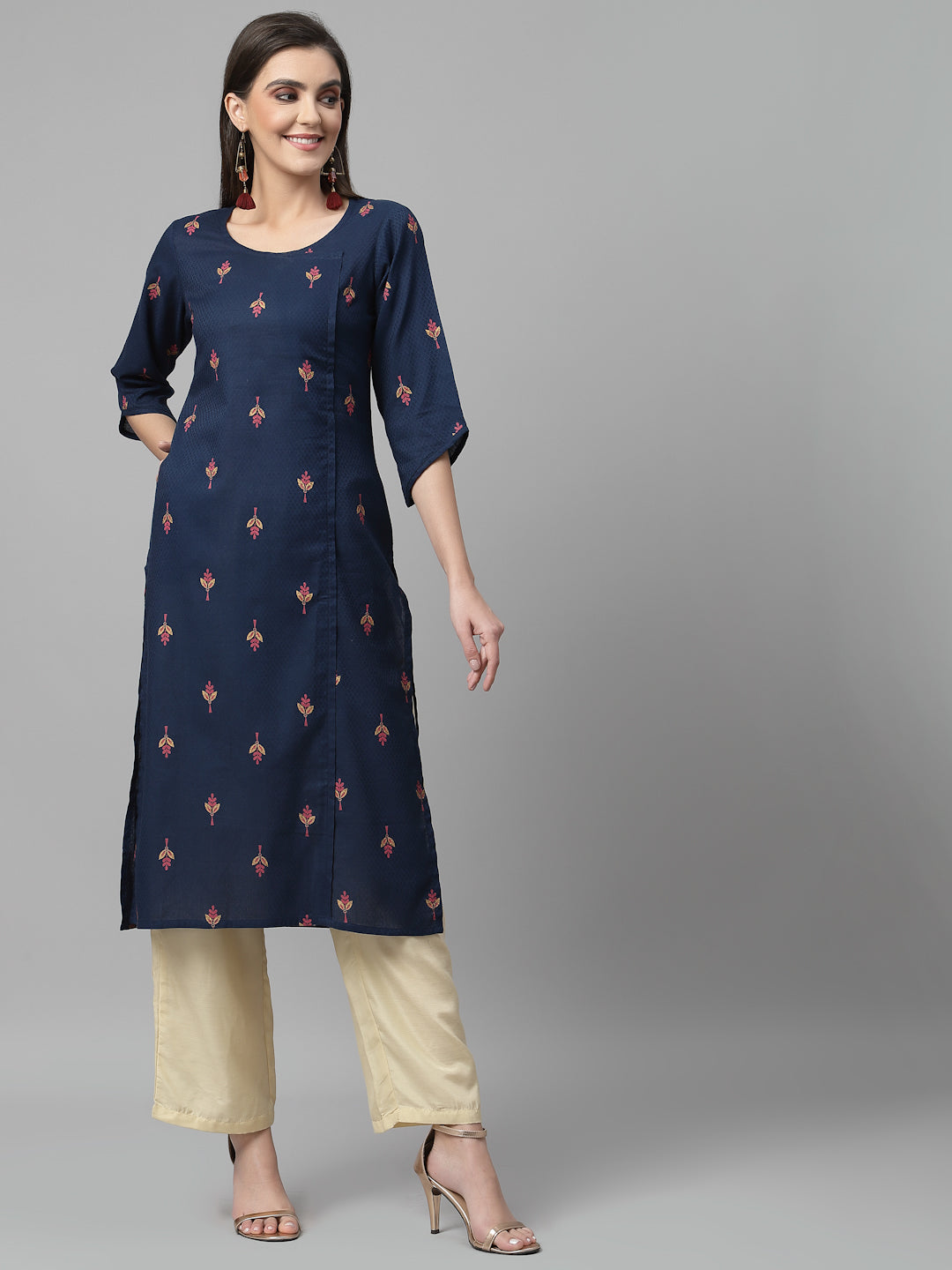 Women Navy Blue Ethnic Motifs Cotton Calf Length Kurta Krya