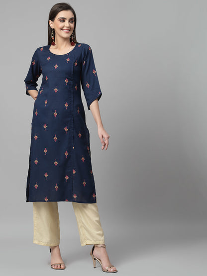 Women Navy Blue Ethnic Motifs Cotton Calf Length Kurta Krya