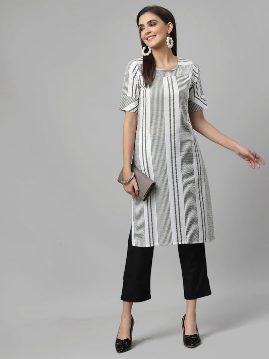 Women White & Olive Striped Cotton Knee Length Kurta Krya