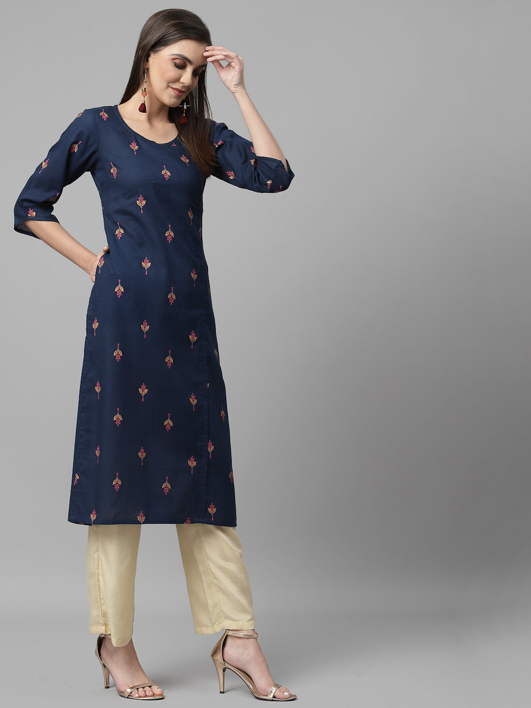 Women Navy Blue Ethnic Motifs Cotton Calf Length Kurta Krya