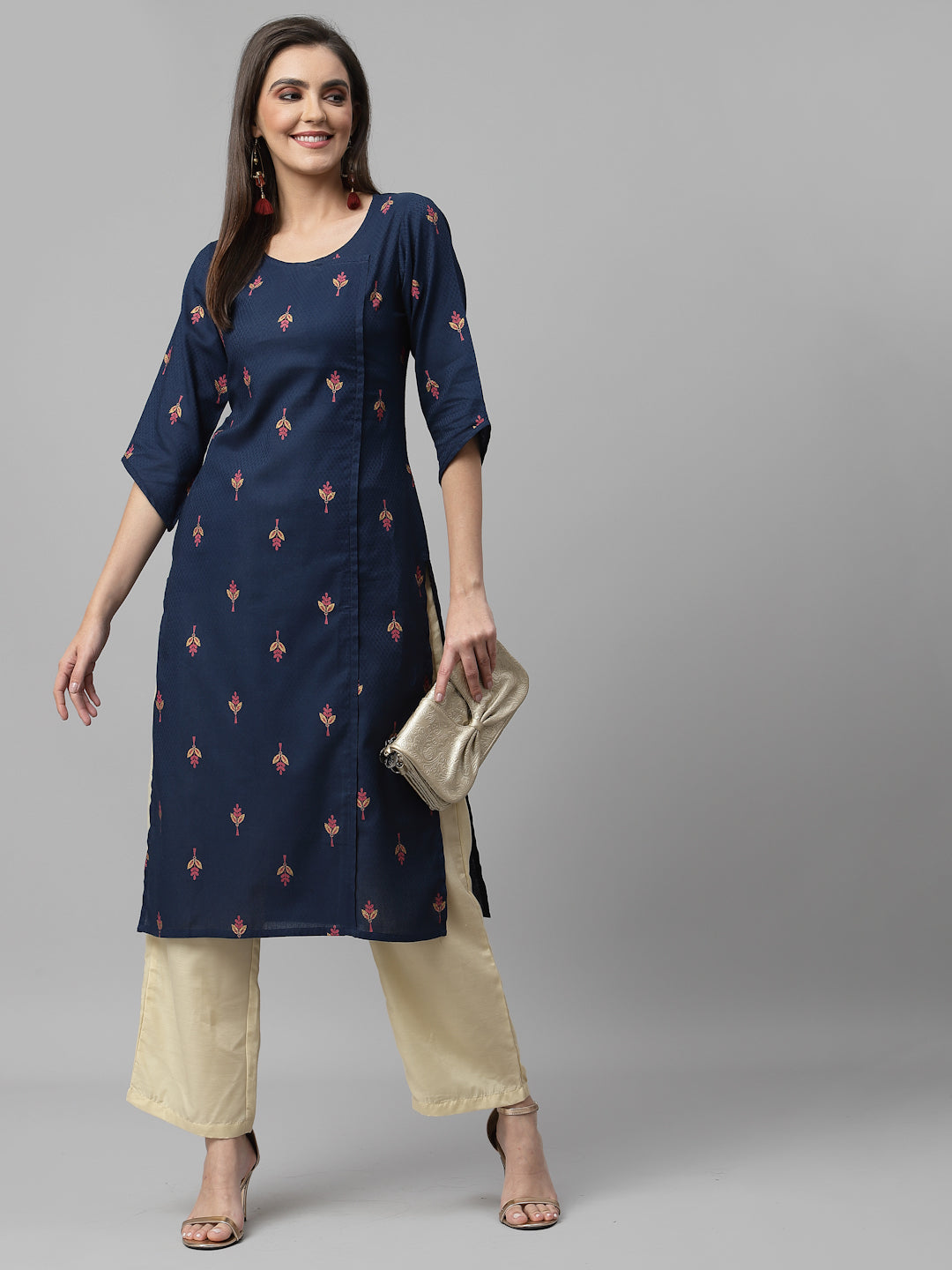 Women Navy Blue Ethnic Motifs Cotton Calf Length Kurta Krya