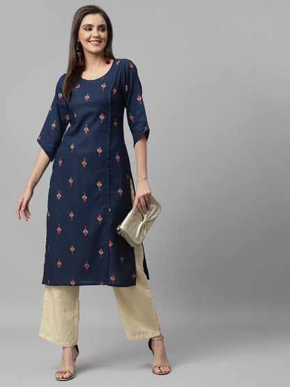 Women Navy Blue Ethnic Motifs Cotton Calf Length Kurta Krya