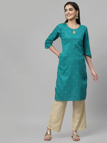 Women Teal Keyhole Neck Straight Kurta Krya