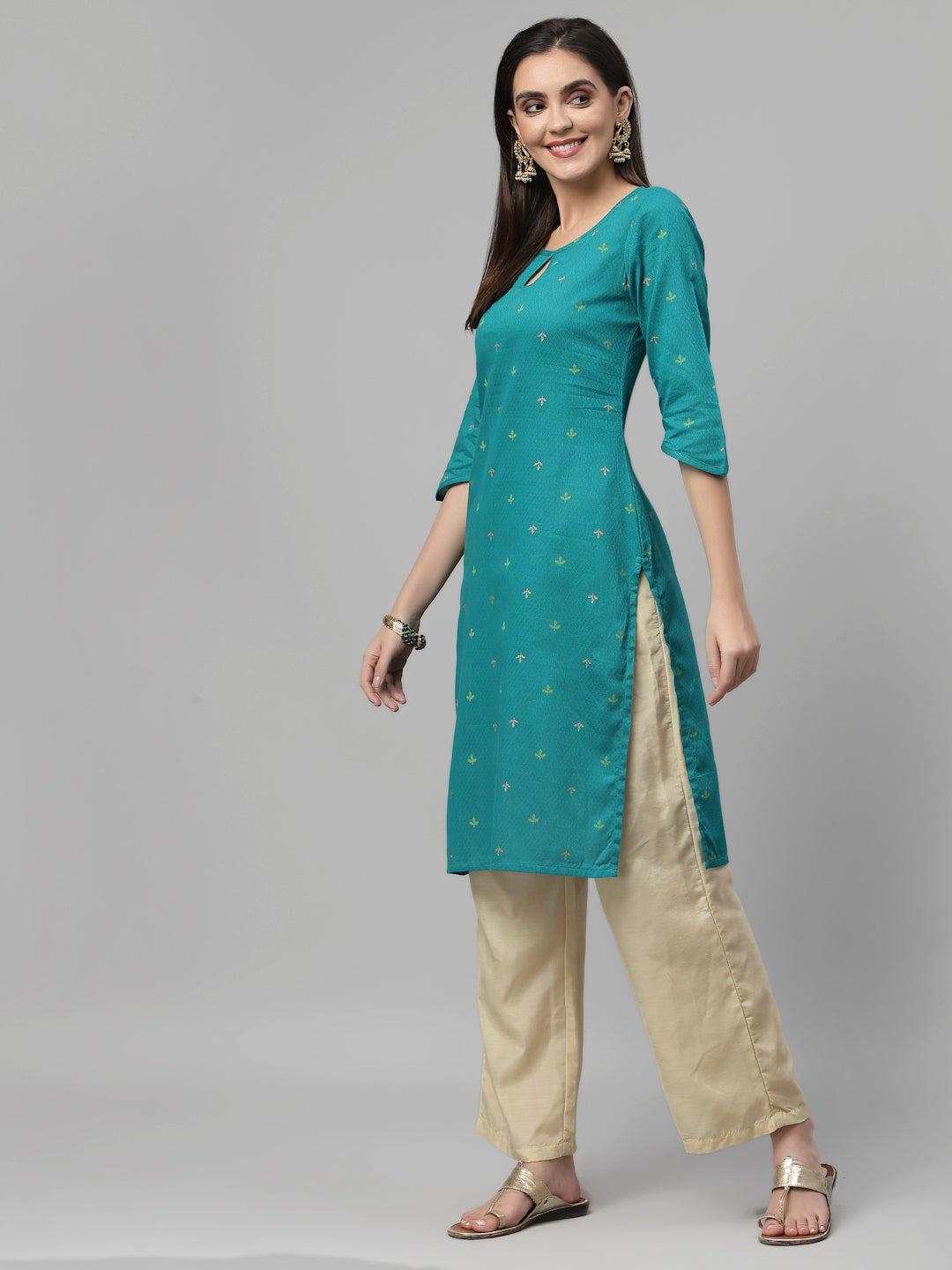 Women Teal Keyhole Neck Straight Kurta Krya