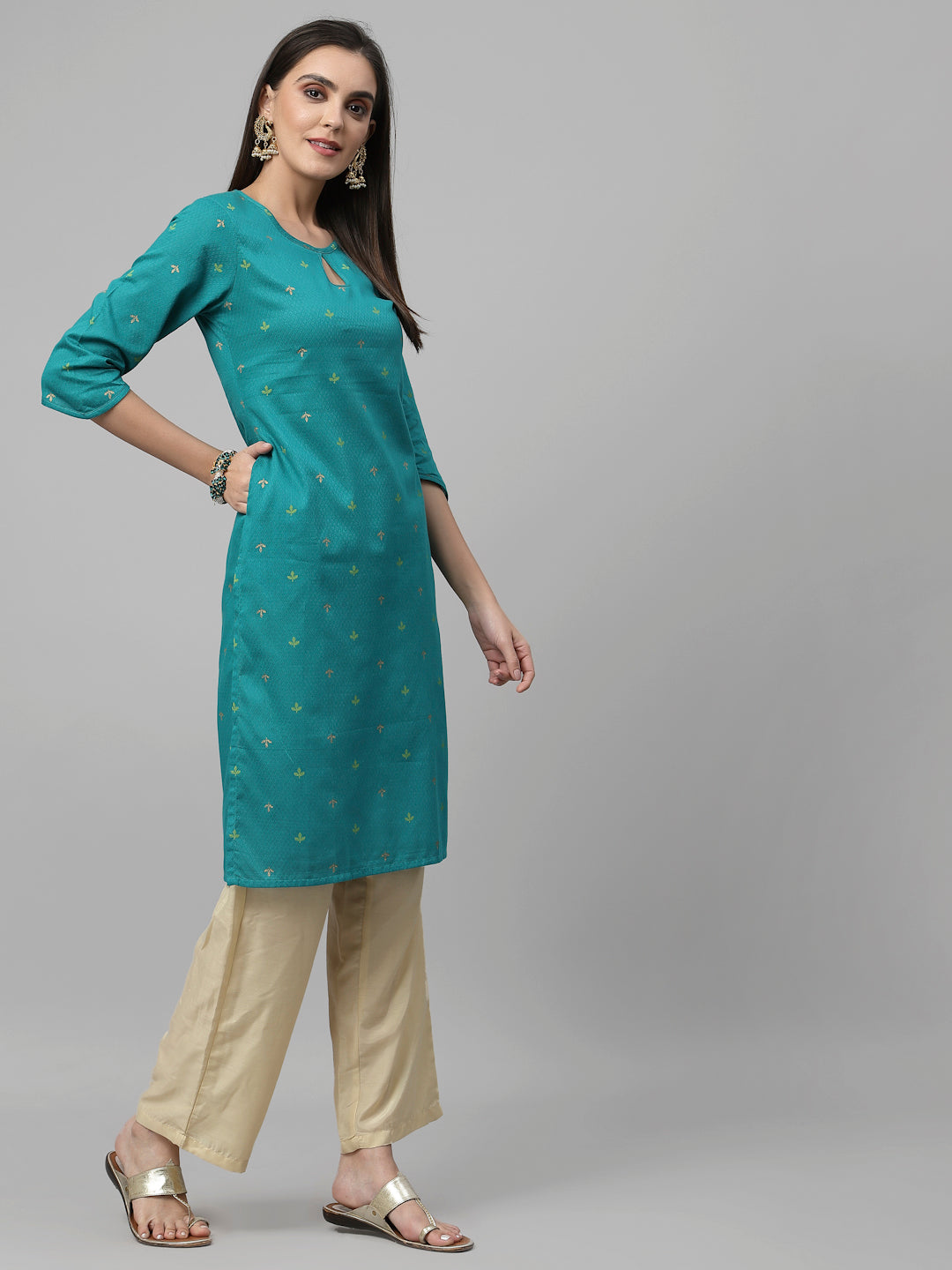 Women Teal Keyhole Neck Straight Kurta Krya
