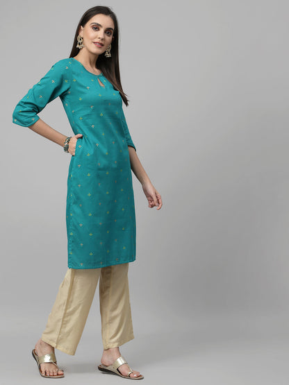 Women Teal Keyhole Neck Straight Kurta Krya