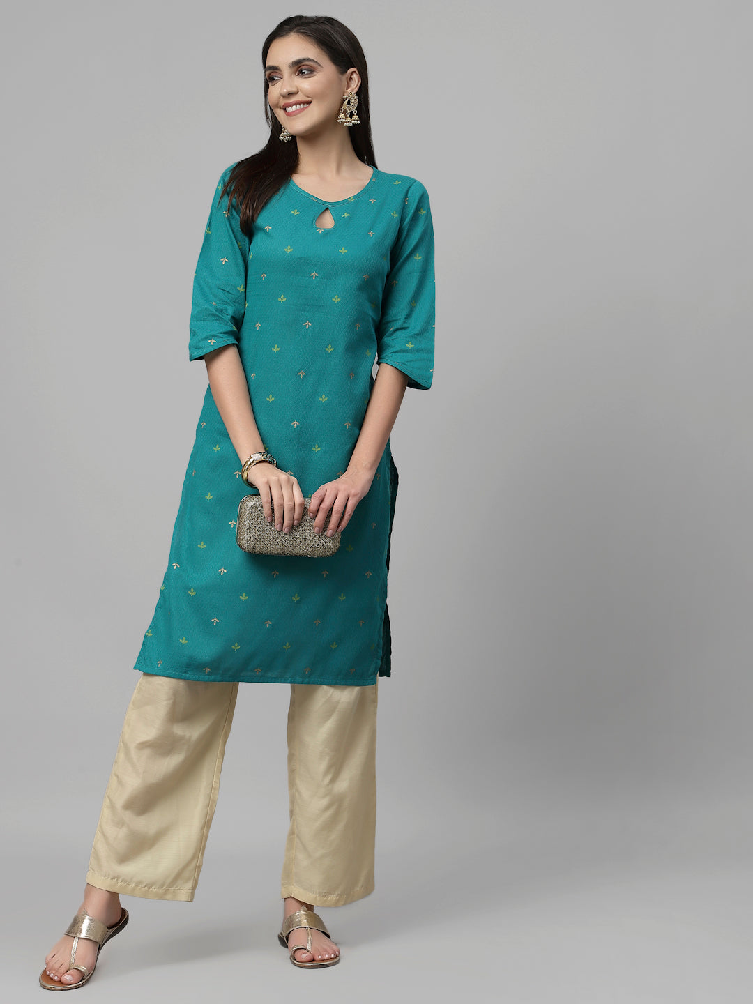 Women Teal Keyhole Neck Straight Kurta Krya