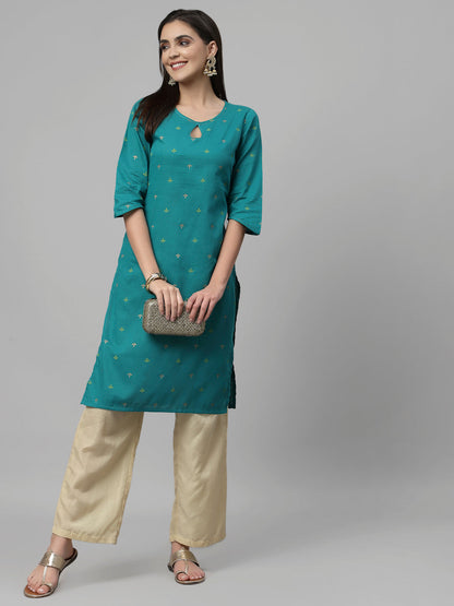 Women Teal Keyhole Neck Straight Kurta Krya
