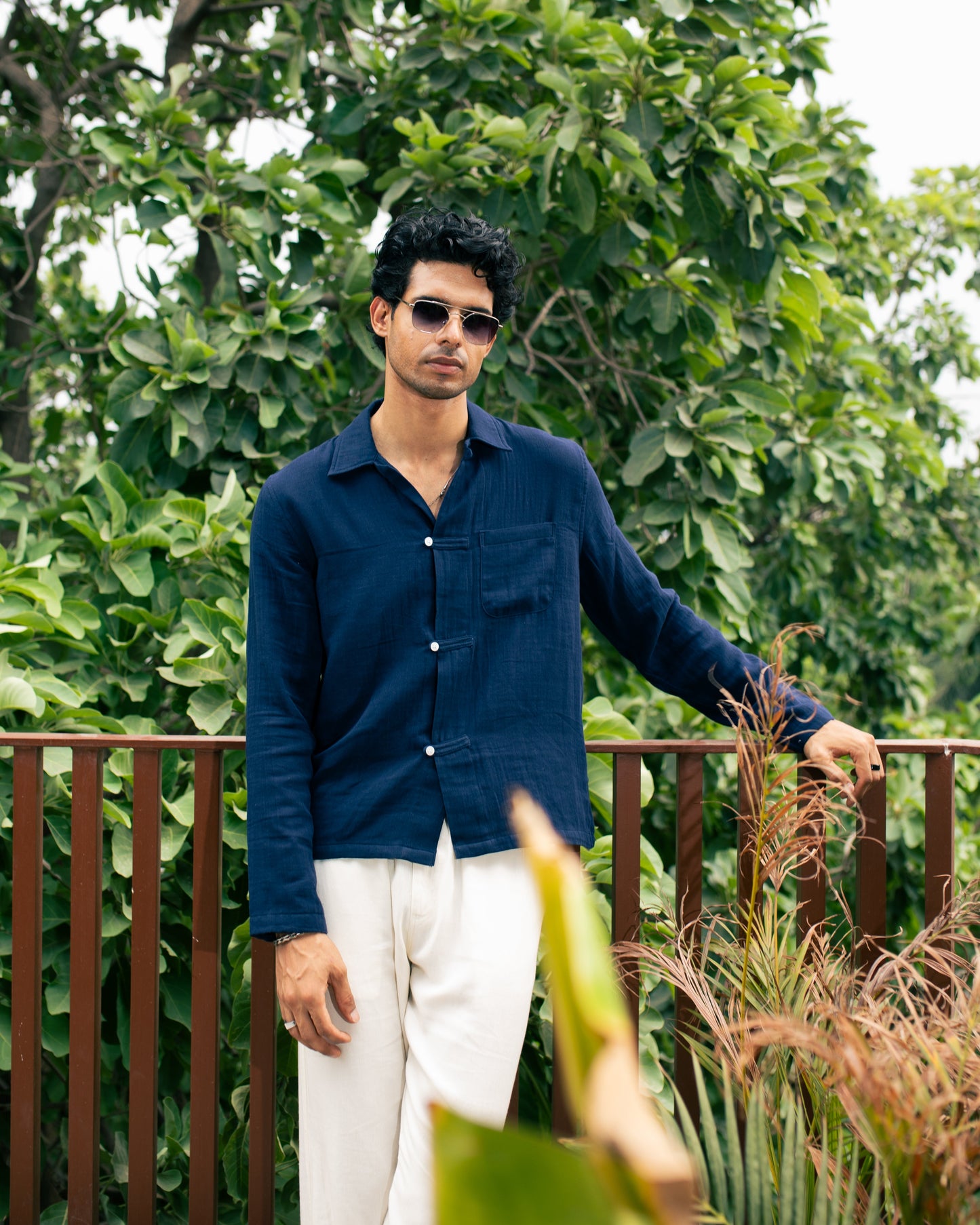 Riviera Navy Double Cloth Cropped Shirt