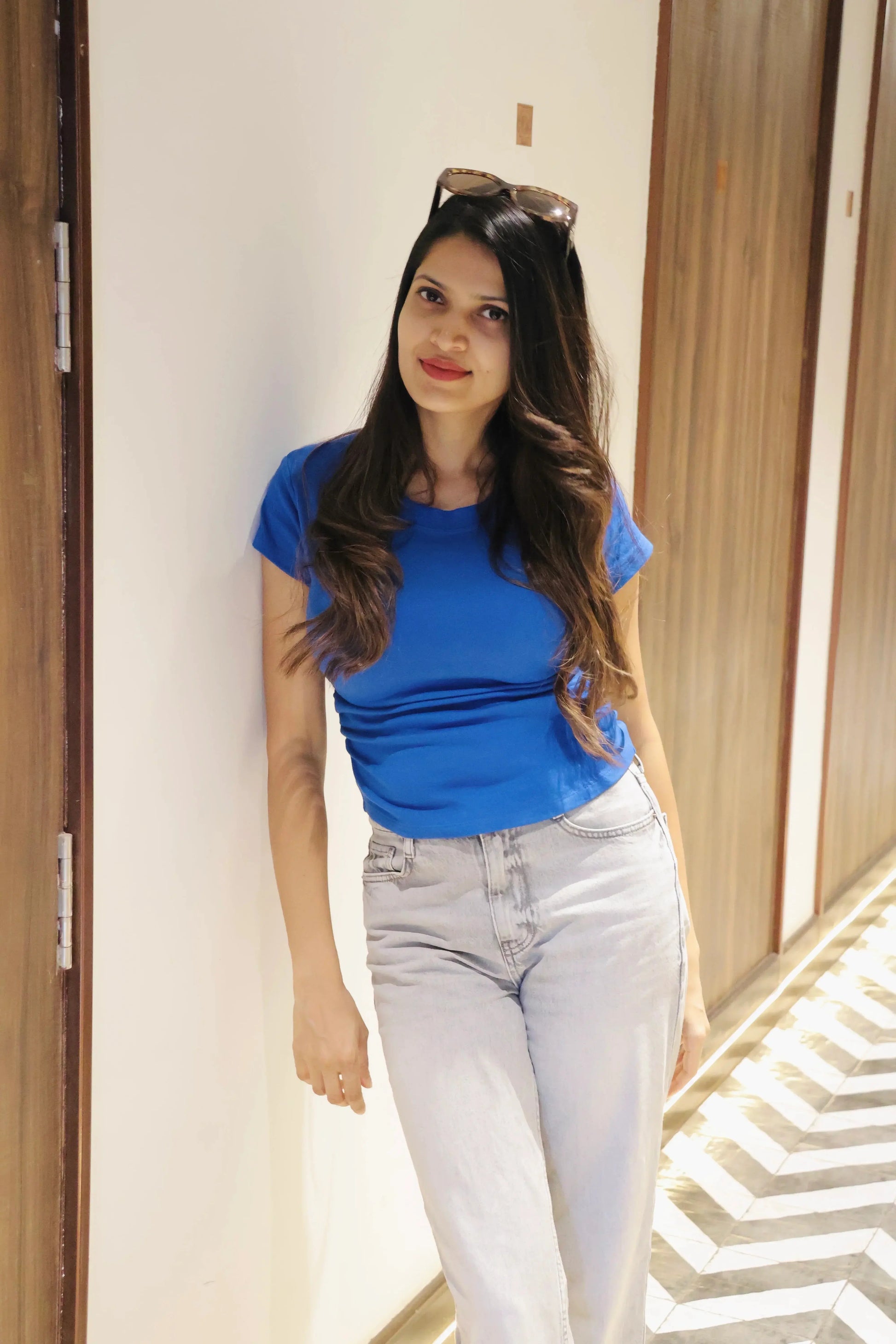 Crew Neck Casual Core Blue Top Zumee