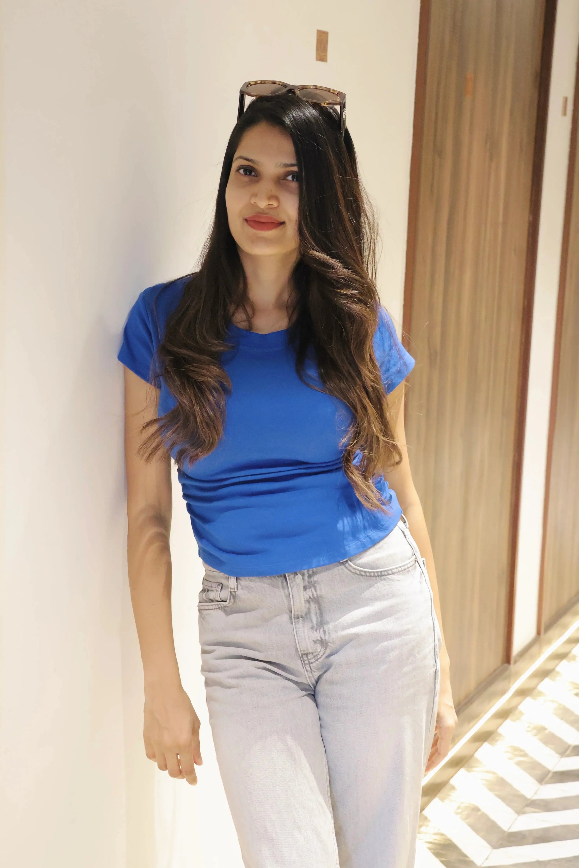 Crew Neck Casual Core Blue Top Zumee