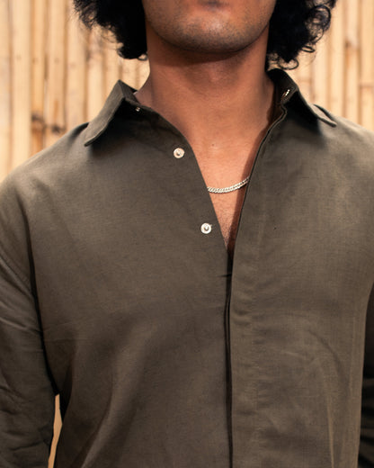 Olive Snap Button Cropped Shacket Shirt