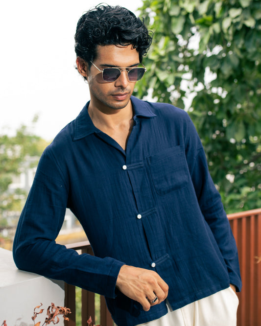 Riviera Navy Double Cloth Cropped Shirt