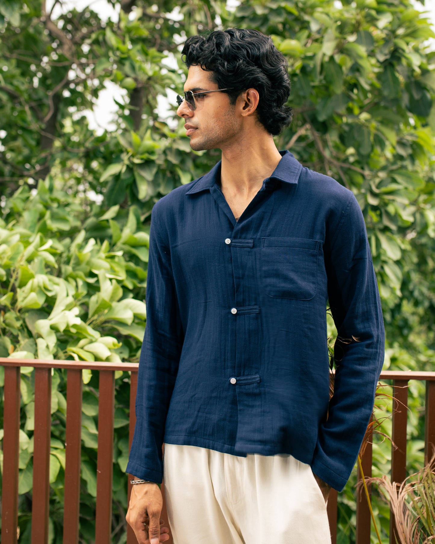 Riviera Navy Double Cloth Cropped Shirt