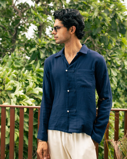 Riviera Navy Double Cloth Cropped Shirt