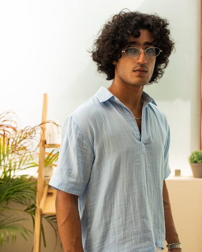 Cloud Powder Blue Double Cloth Cropped Polo Shirt