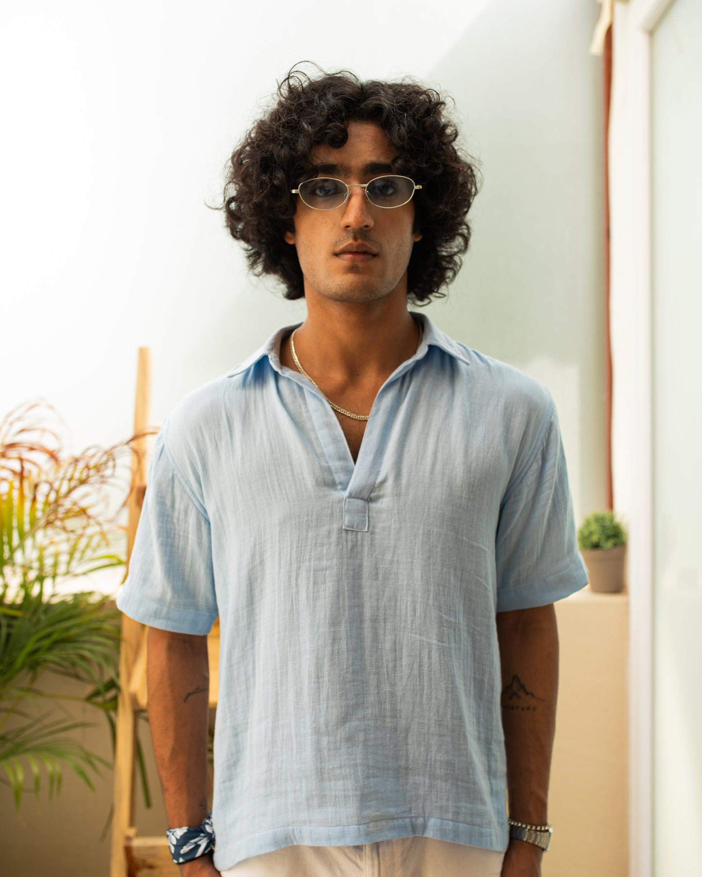 Cloud Powder Blue Double Cloth Cropped Polo Shirt