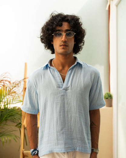 Cloud Powder Blue Double Cloth Cropped Polo Shirt