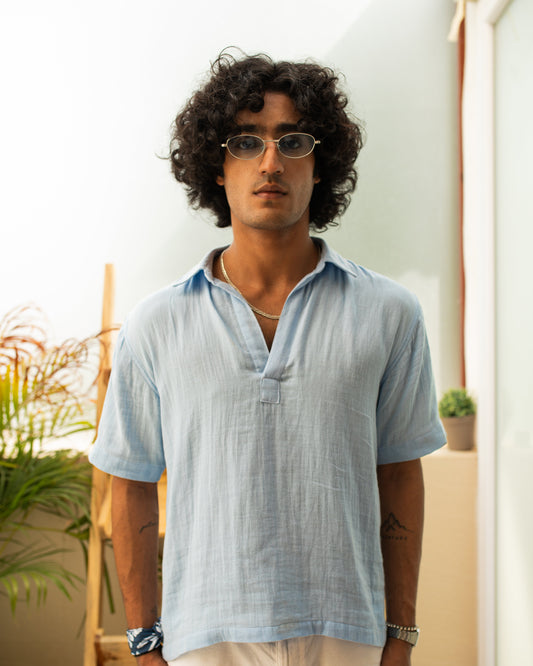 Cloud Powder Blue Double Cloth Cropped Polo Shirt