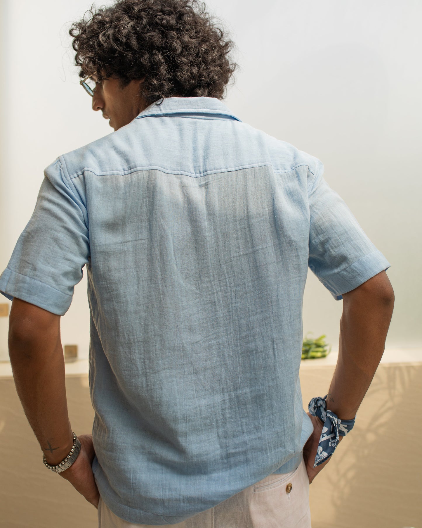 Cloud Powder Blue Double Cloth Cropped Polo Shirt