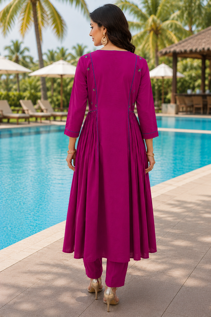 Purple Mirror Work A-line Kurta Set