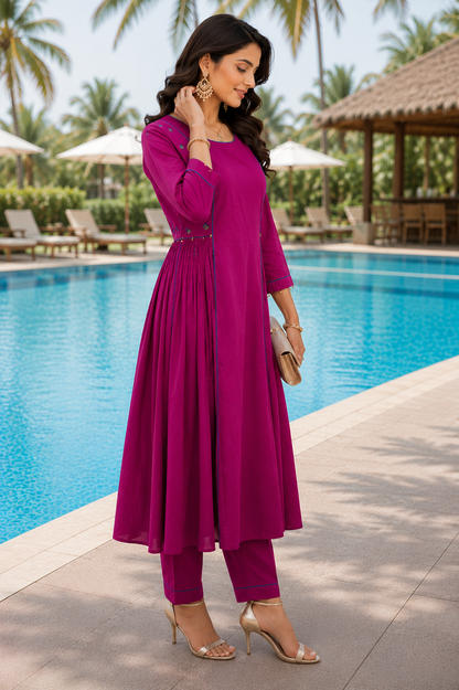 Purple Mirror Work A-line Kurta Set